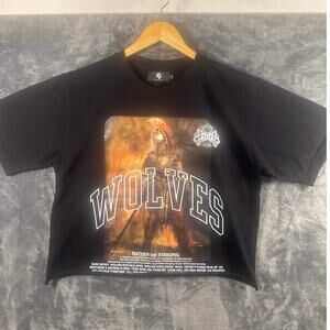 Darc Sport "Born From Fire" distressed raw hem cropped T-Shirt XL BLK 410/1000